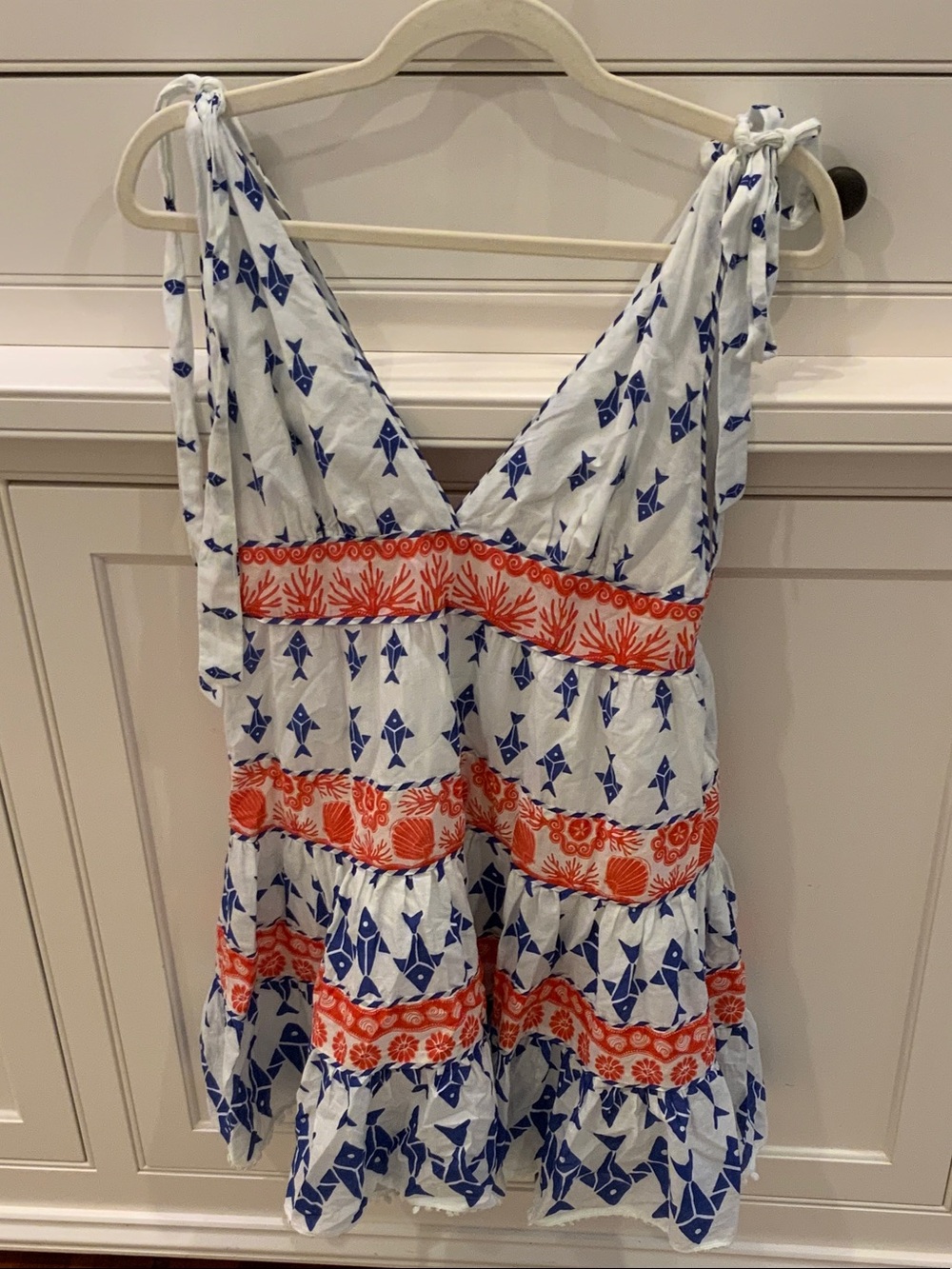 FARM Rio White Dress with Blue Geometric & Orange Floral Bands